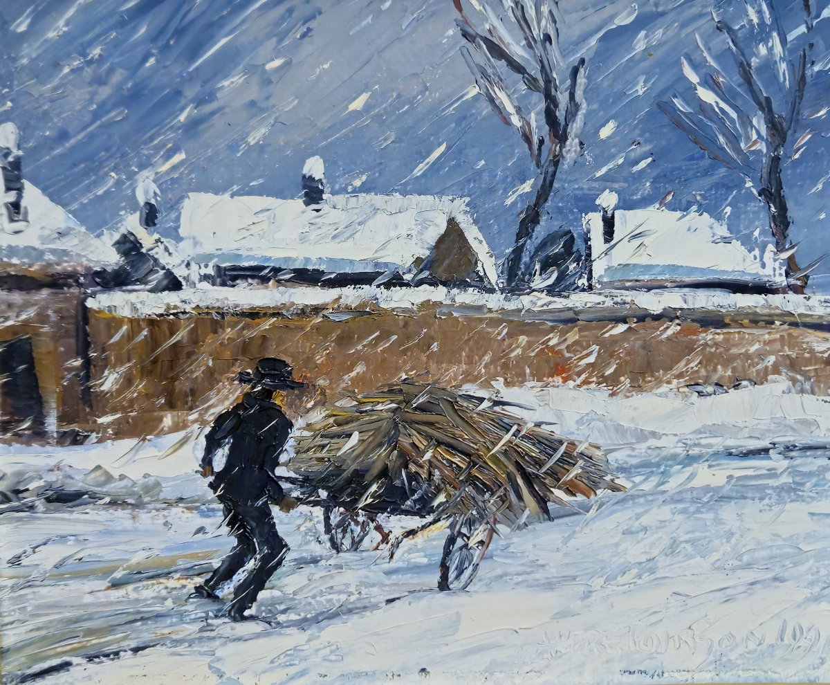 André Poirson – Scène hivernale animée – Huile sur toile    -photo-4