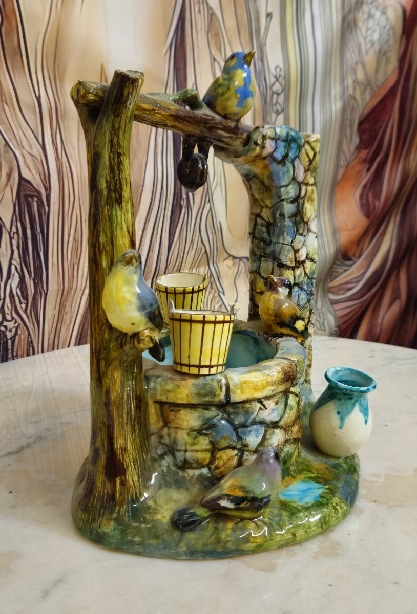 Vallauris: Decorative Ceramics Depicting A Well With Birds-photo-3