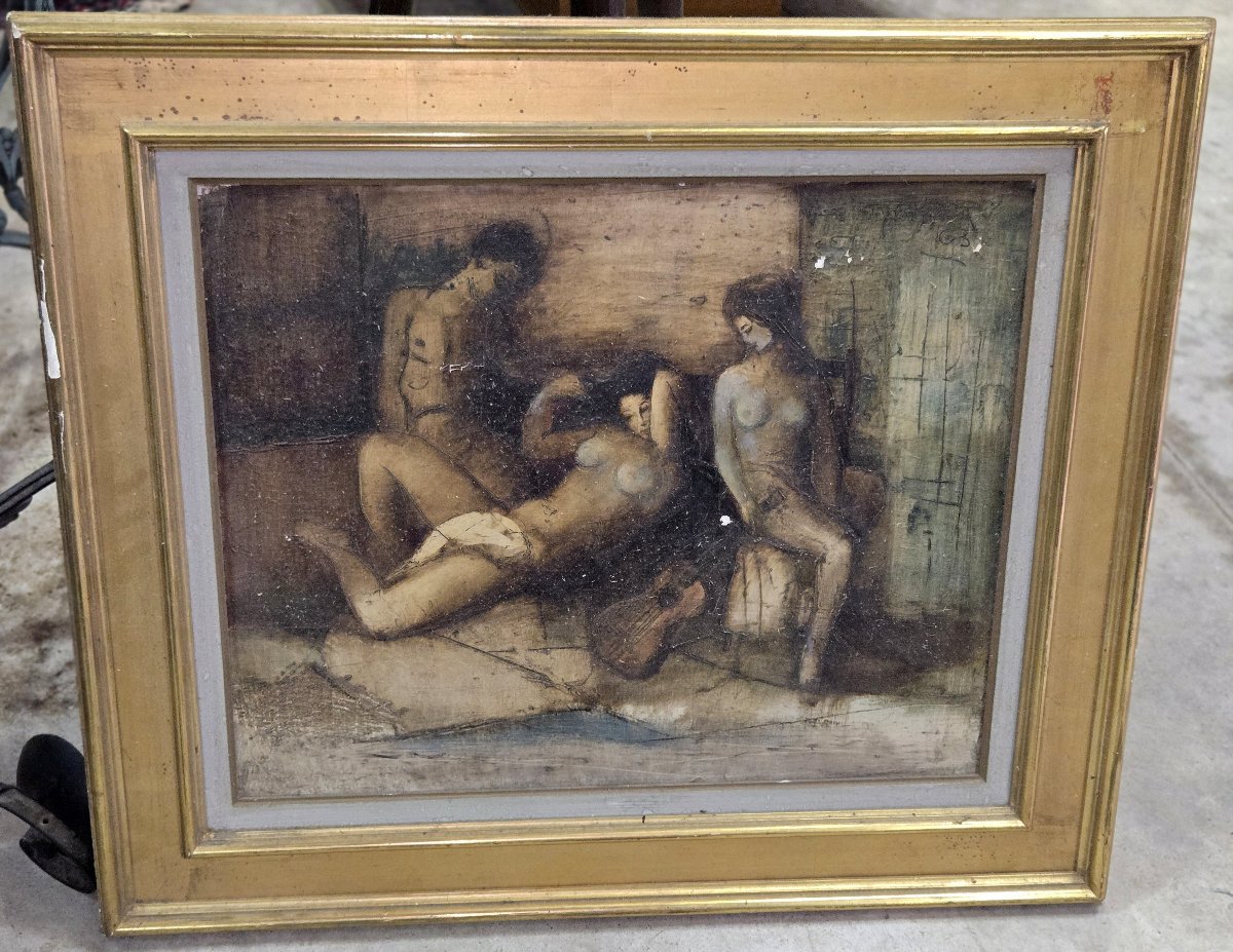 Huile sur toile – scène de nus féminins à la guitare – 70 x 82 cm  -photo-1