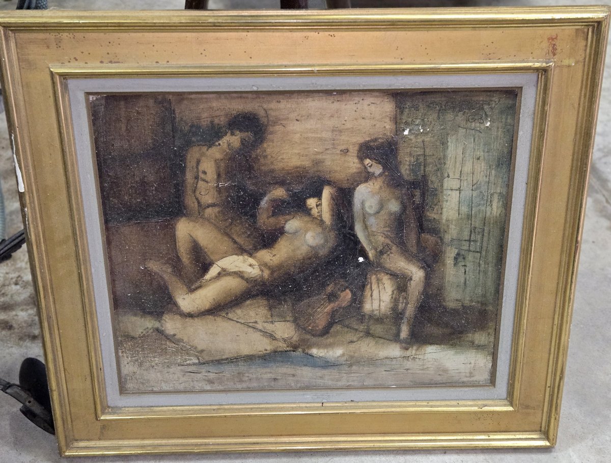 Huile sur toile – scène de nus féminins à la guitare – 70 x 82 cm  -photo-2