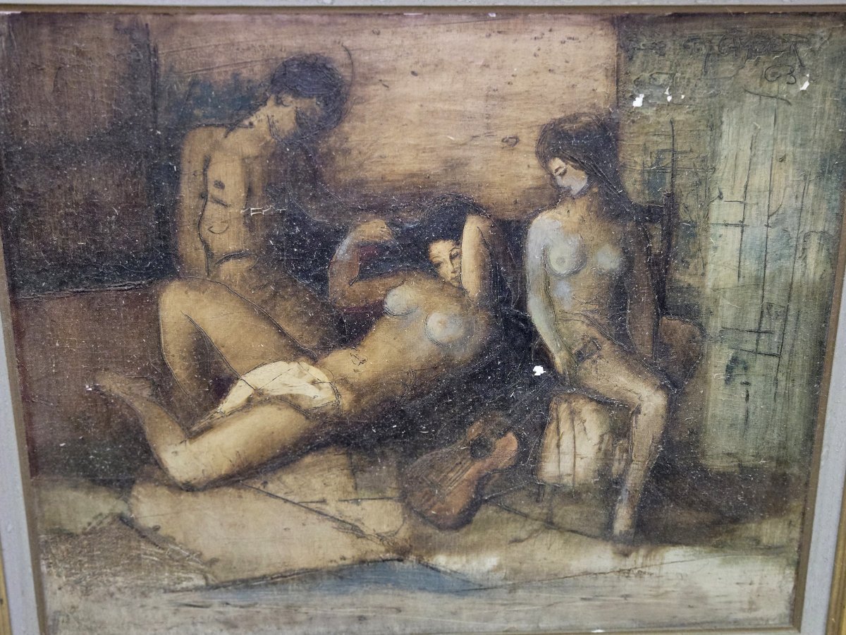 Huile sur toile – scène de nus féminins à la guitare – 70 x 82 cm  -photo-3