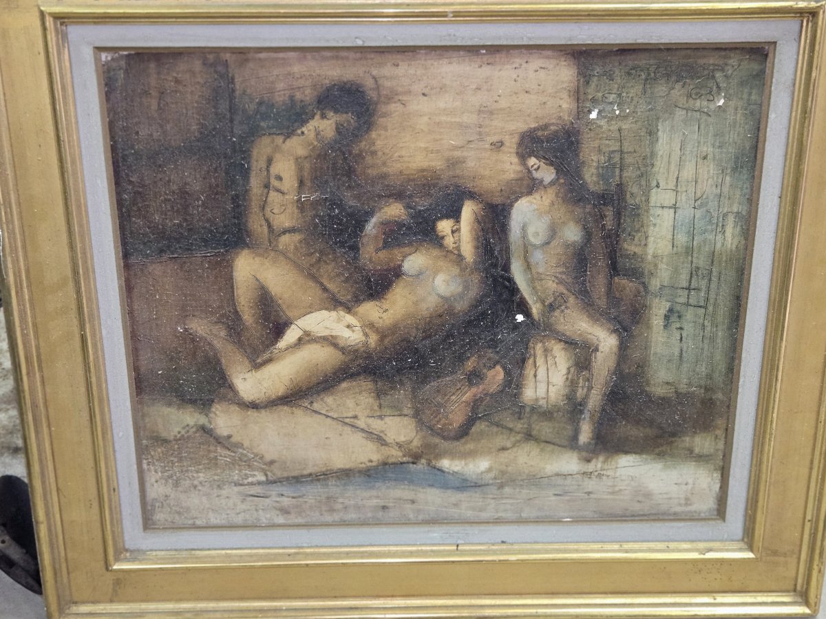 Huile sur toile – scène de nus féminins à la guitare – 70 x 82 cm  -photo-4