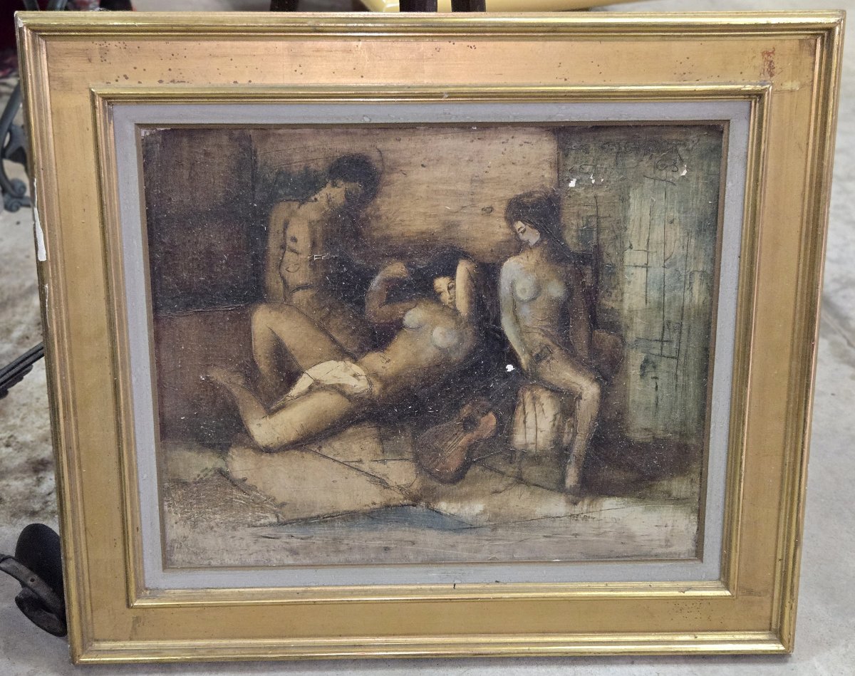 Huile sur toile – scène de nus féminins à la guitare – 70 x 82 cm  -photo-5