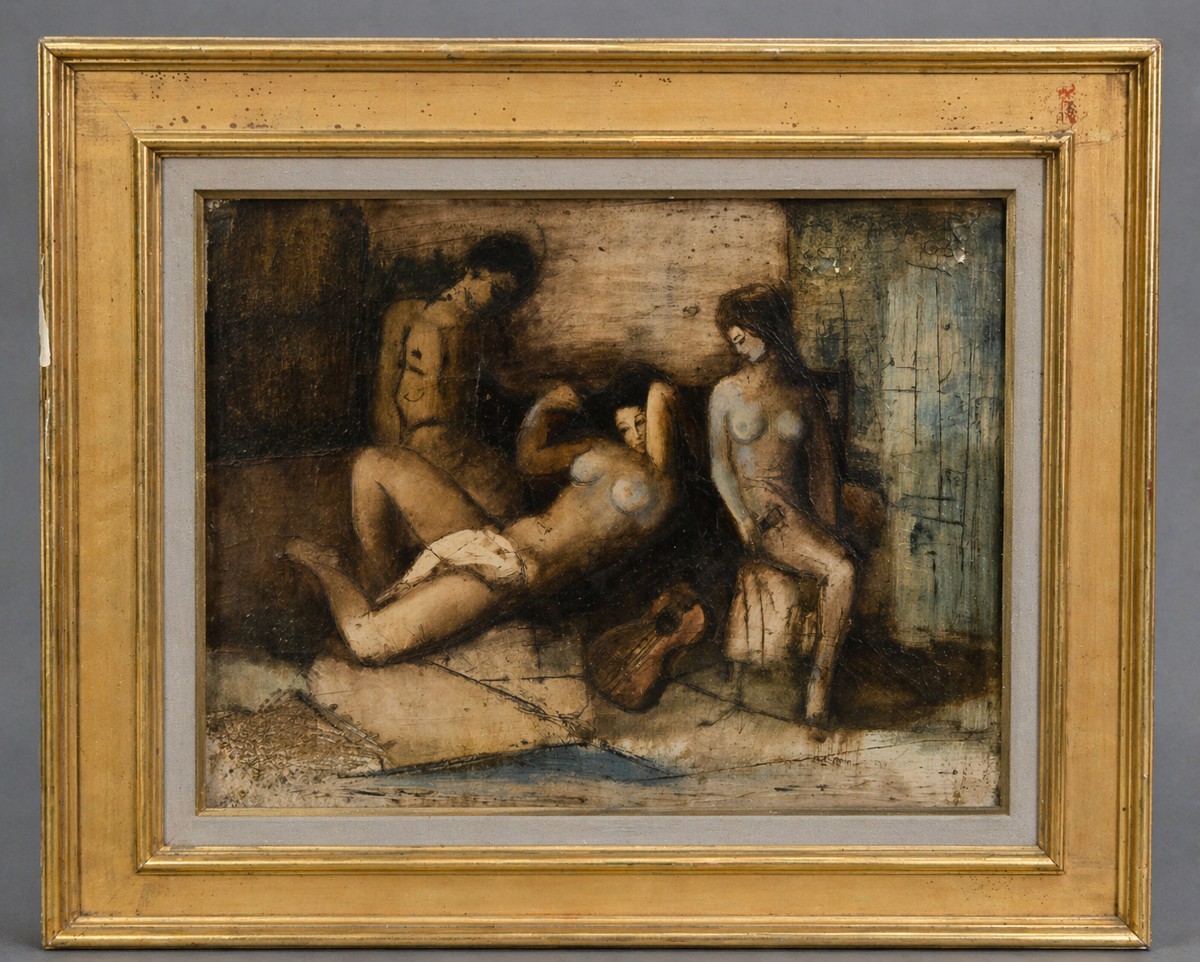 Huile sur toile – scène de nus féminins à la guitare – 70 x 82 cm  