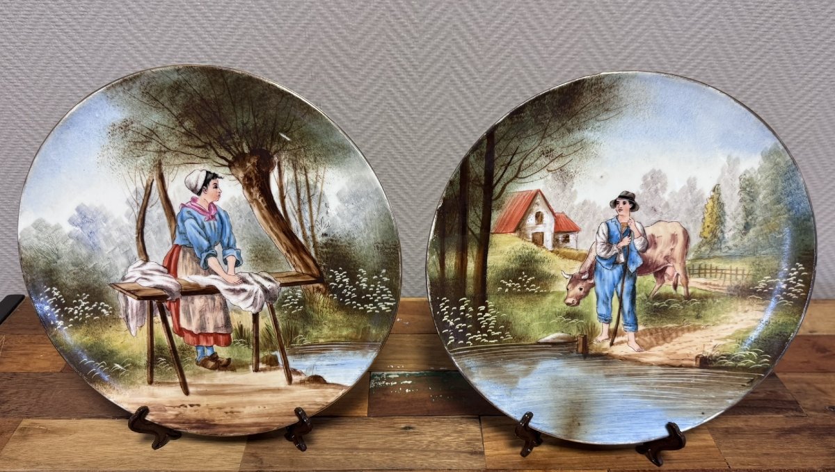 Paire de plats en Porcelaine fine – Décor scènes rurales, J.P.L France-photo-1