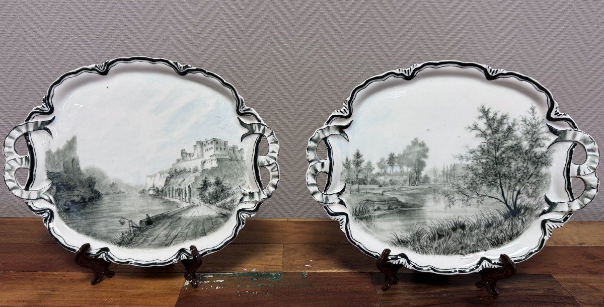 Paire de plats en faïence fine – Décor de paysages, HBC France