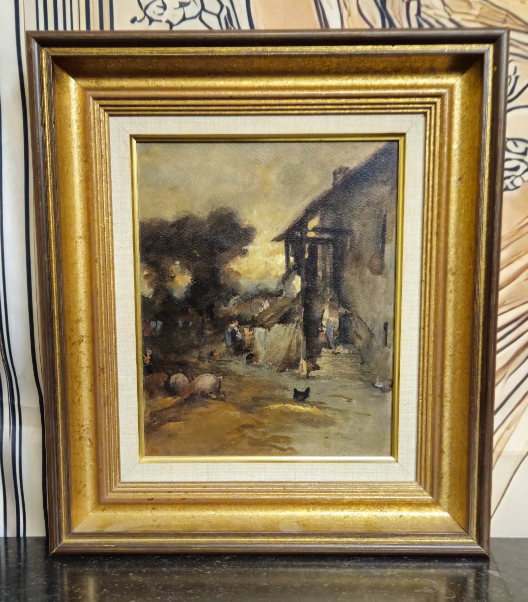 École française – Scène de ferme animée – Huile sur panneau   -photo-1