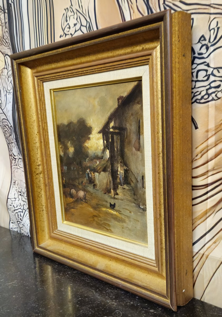 École française – Scène de ferme animée – Huile sur panneau   -photo-2