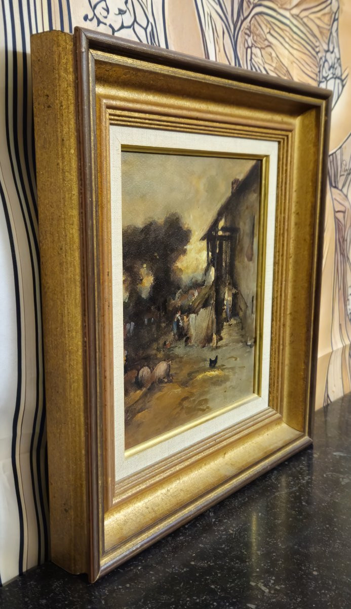 École française – Scène de ferme animée – Huile sur panneau   -photo-3