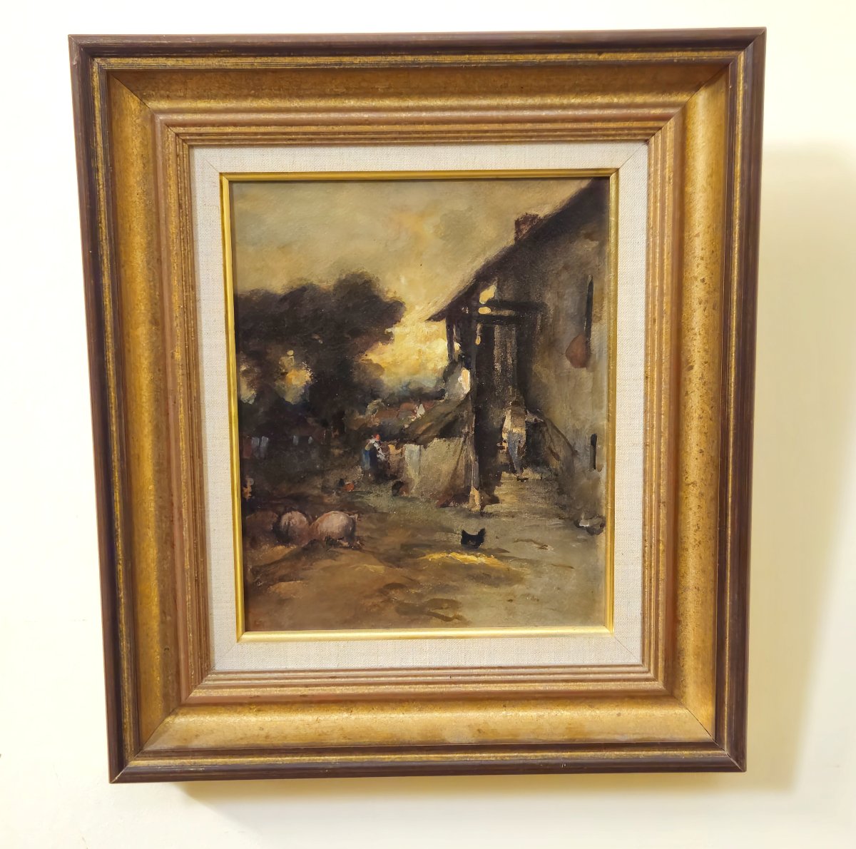 École française – Scène de ferme animée – Huile sur panneau   -photo-5