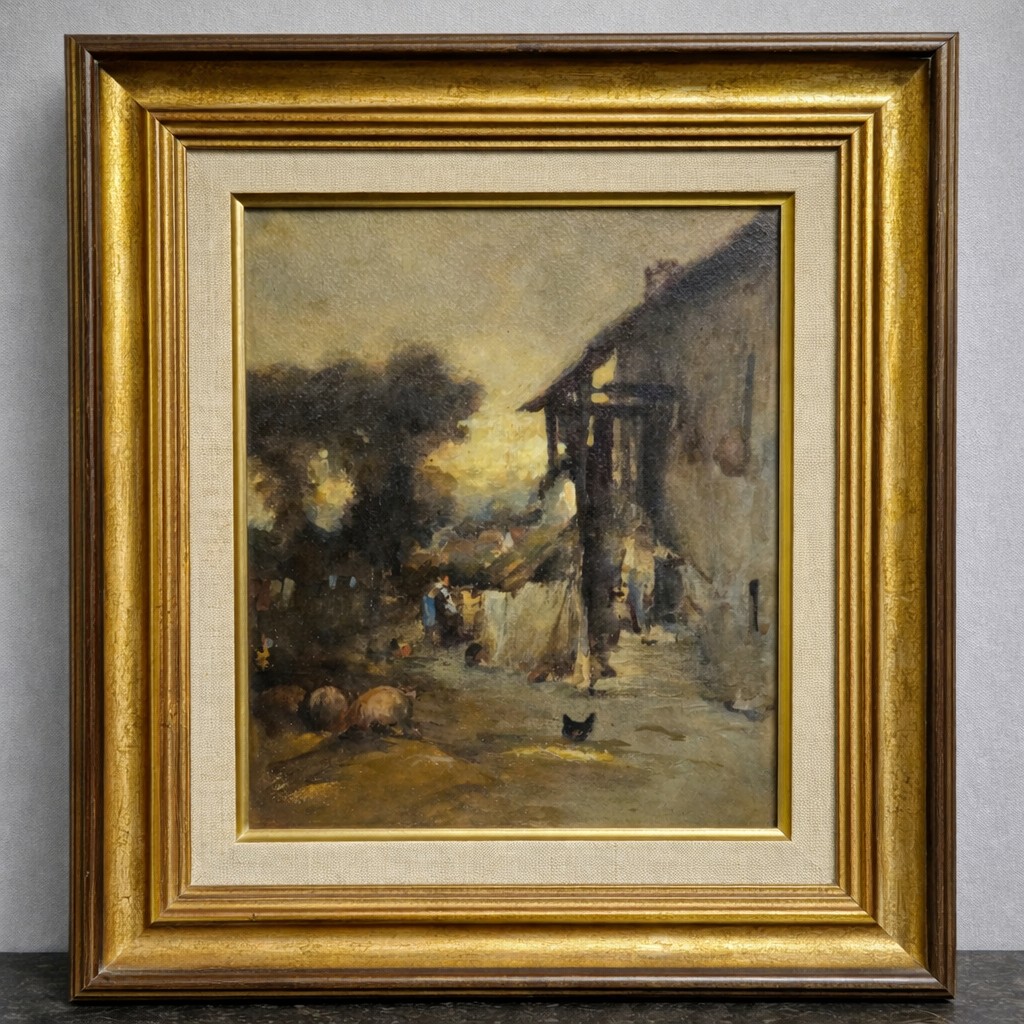École française – Scène de ferme animée – Huile sur panneau   
