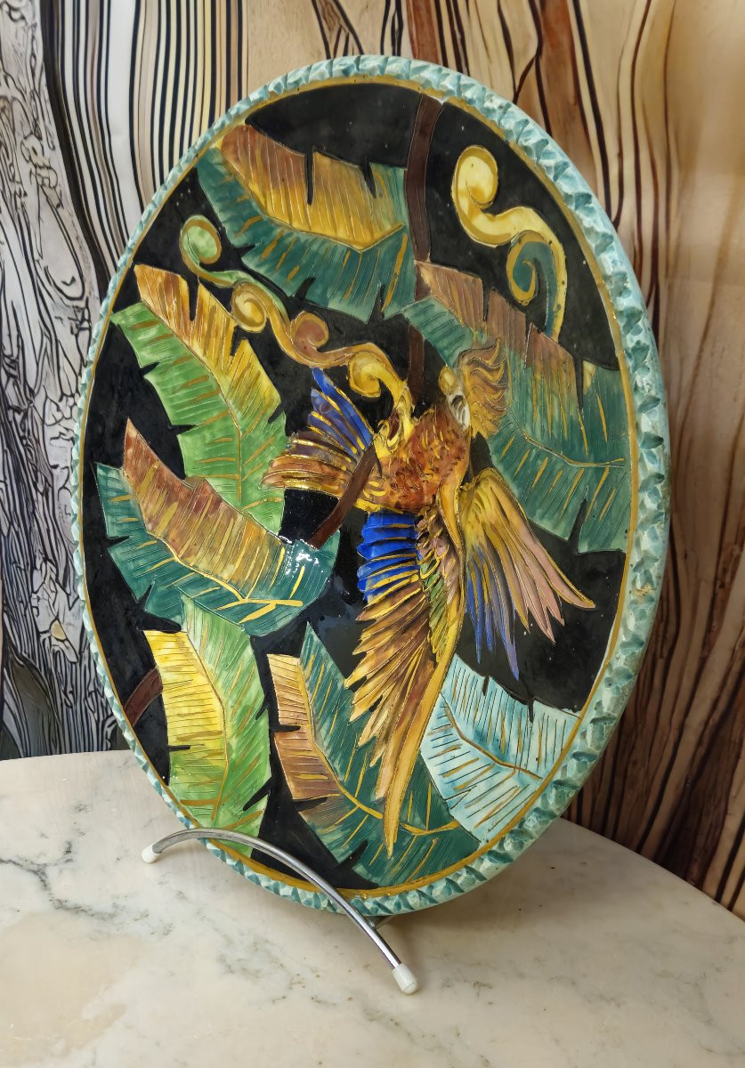 Large Vallauris Dish In Polychrome Ceramic - Parrot Design - Signed-photo-2