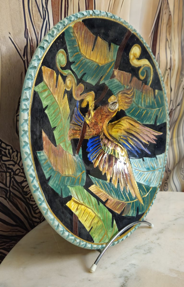 Large Vallauris Dish In Polychrome Ceramic - Parrot Design - Signed-photo-3