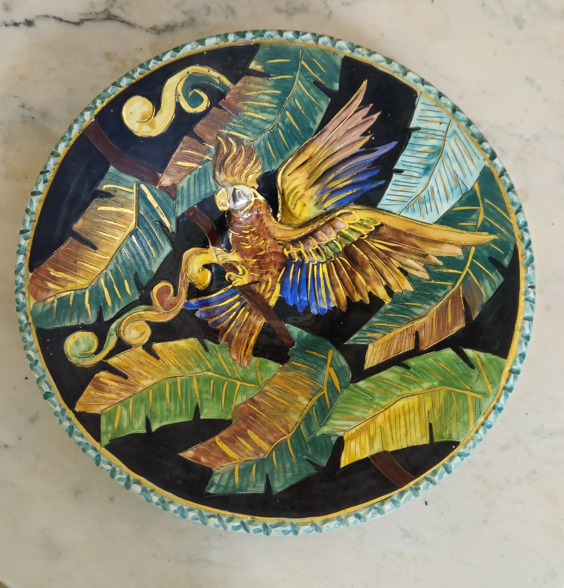 Large Vallauris Dish In Polychrome Ceramic - Parrot Design - Signed-photo-4