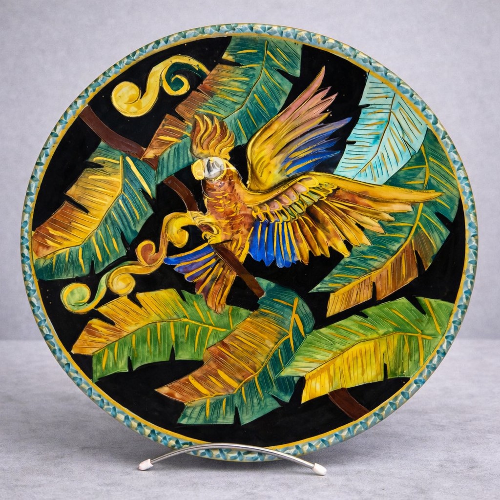 Large Vallauris Dish In Polychrome Ceramic - Parrot Design - Signed