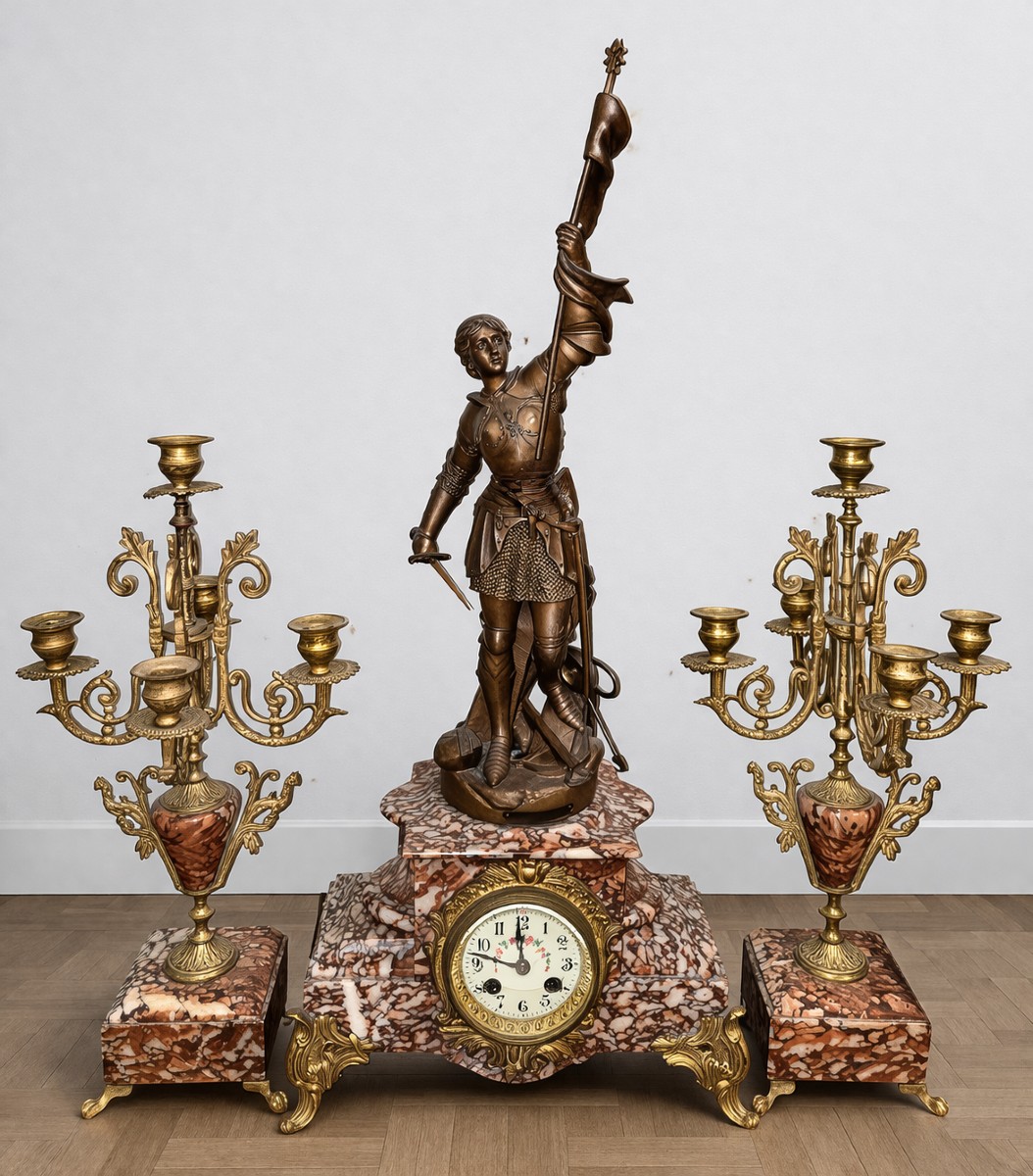 Garniture de cheminée ancienne – Jeanne d’Arc – XIXe Napoléon III   