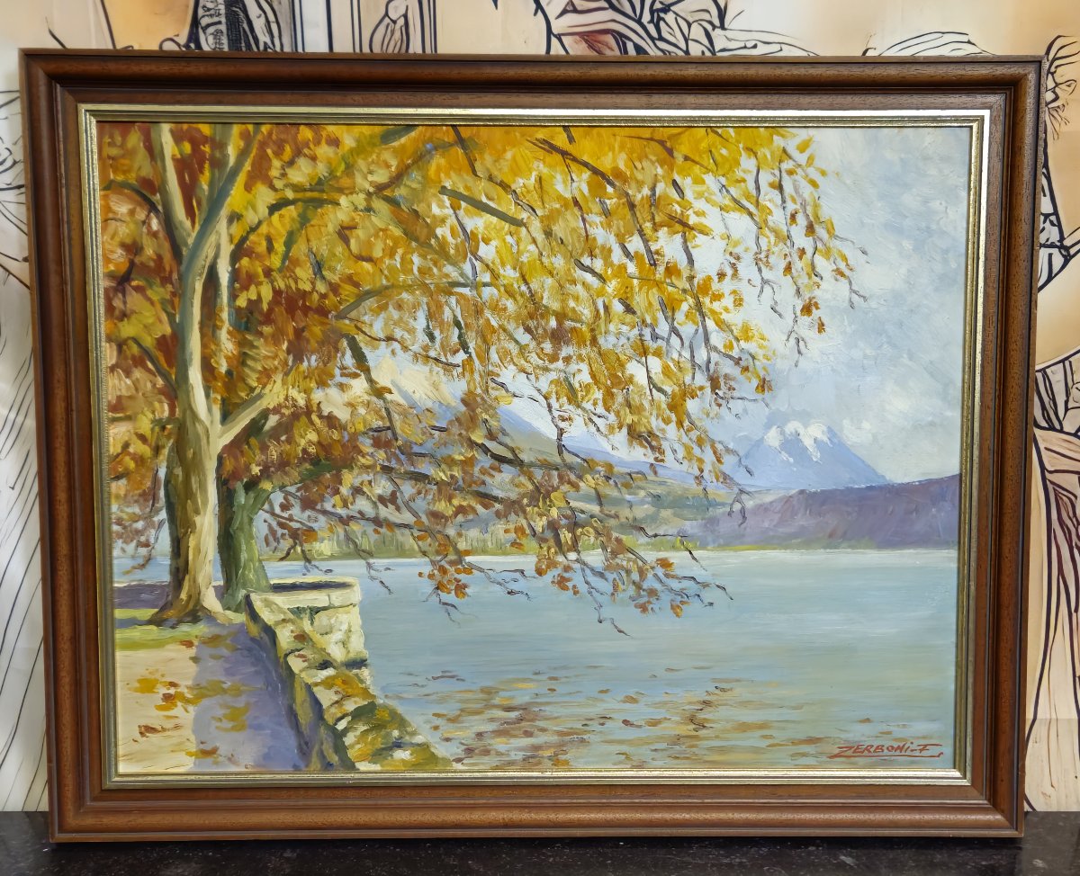 F. Zerboni – Paysage lacustre animé – Huile sur panneau - milieu XXeme  -photo-1