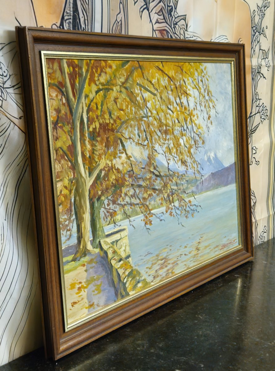 F. Zerboni – Paysage lacustre animé – Huile sur panneau - milieu XXeme  -photo-3