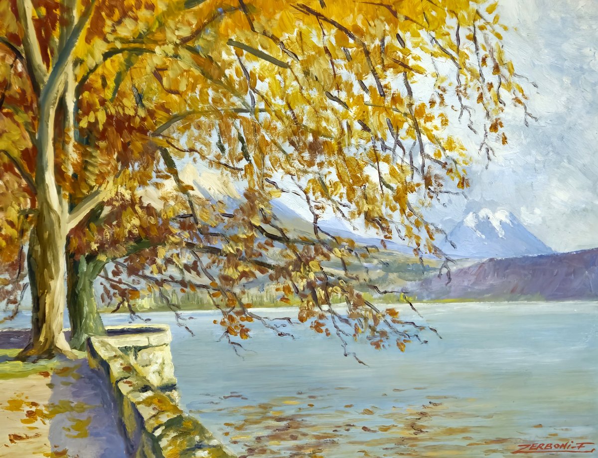 F. Zerboni – Paysage lacustre animé – Huile sur panneau - milieu XXeme  -photo-4