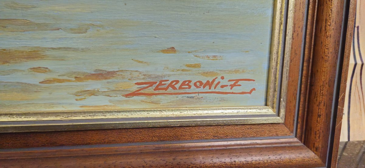 F. Zerboni – Paysage lacustre animé – Huile sur panneau - milieu XXeme  -photo-5
