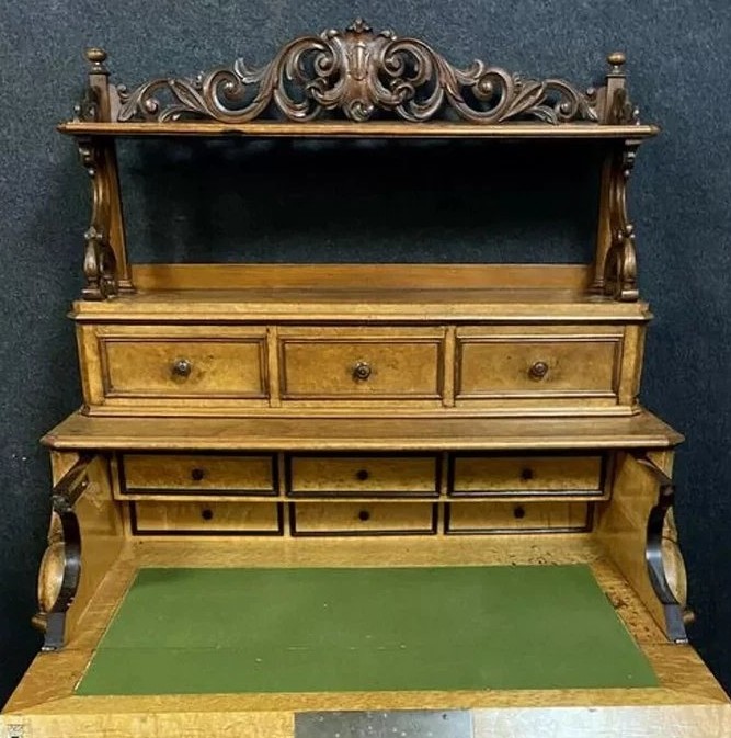 Commode Secrétaire en noyer avec étagère sculptée – époque Louis Philippe-photo-2