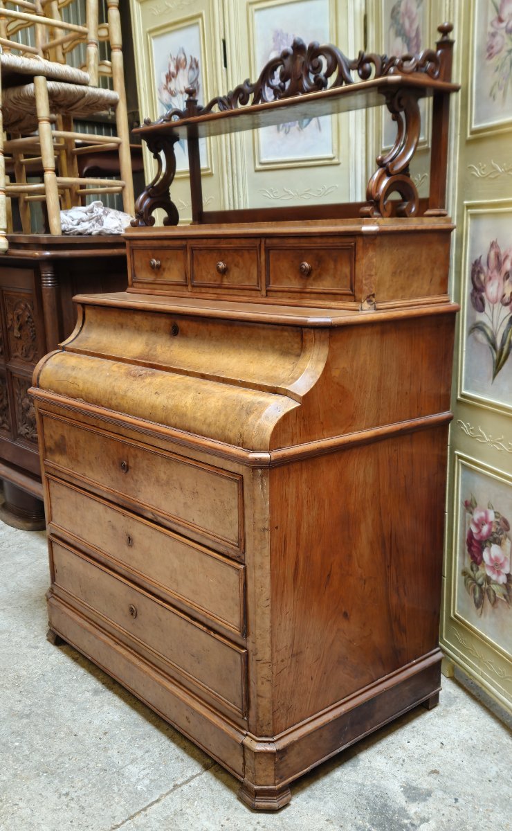 Commode Secrétaire en noyer avec étagère sculptée – époque Louis Philippe-photo-2