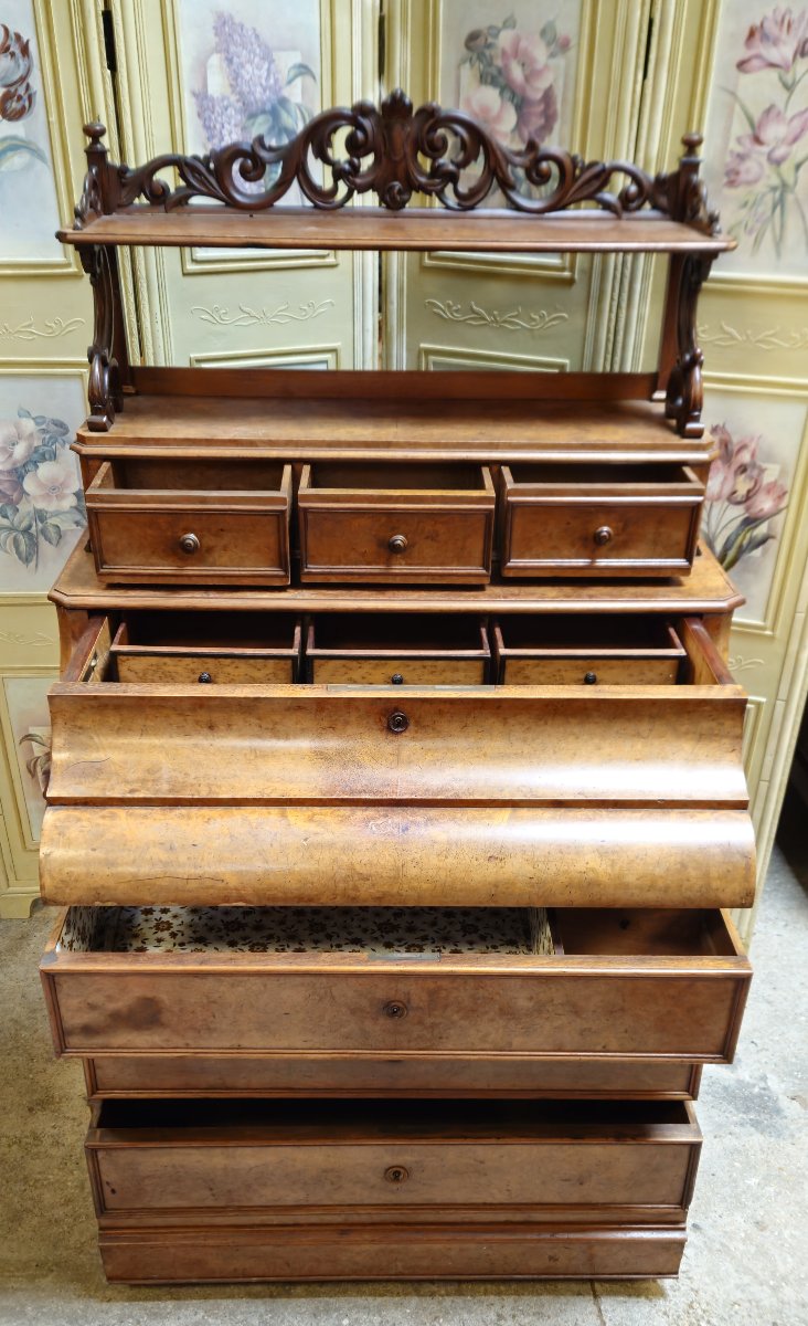 Commode Secrétaire en noyer avec étagère sculptée – époque Louis Philippe-photo-7