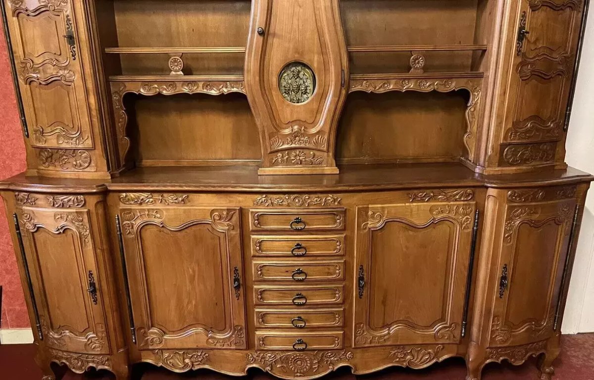 Large Curved Louis XV Two-piece Buffet In Cherry Wood With Built-in Clock-photo-3