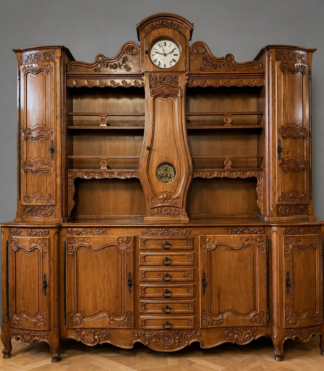 Large Curved Louis XV Two-piece Buffet In Cherry Wood With Built-in Clock-photo-4