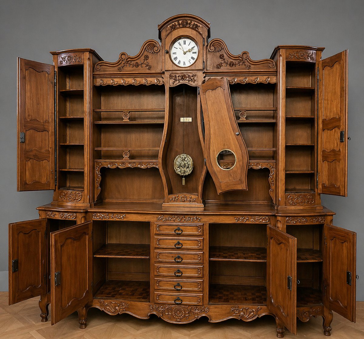 Large Curved Louis XV Two-piece Buffet In Cherry Wood With Built-in Clock-photo-5