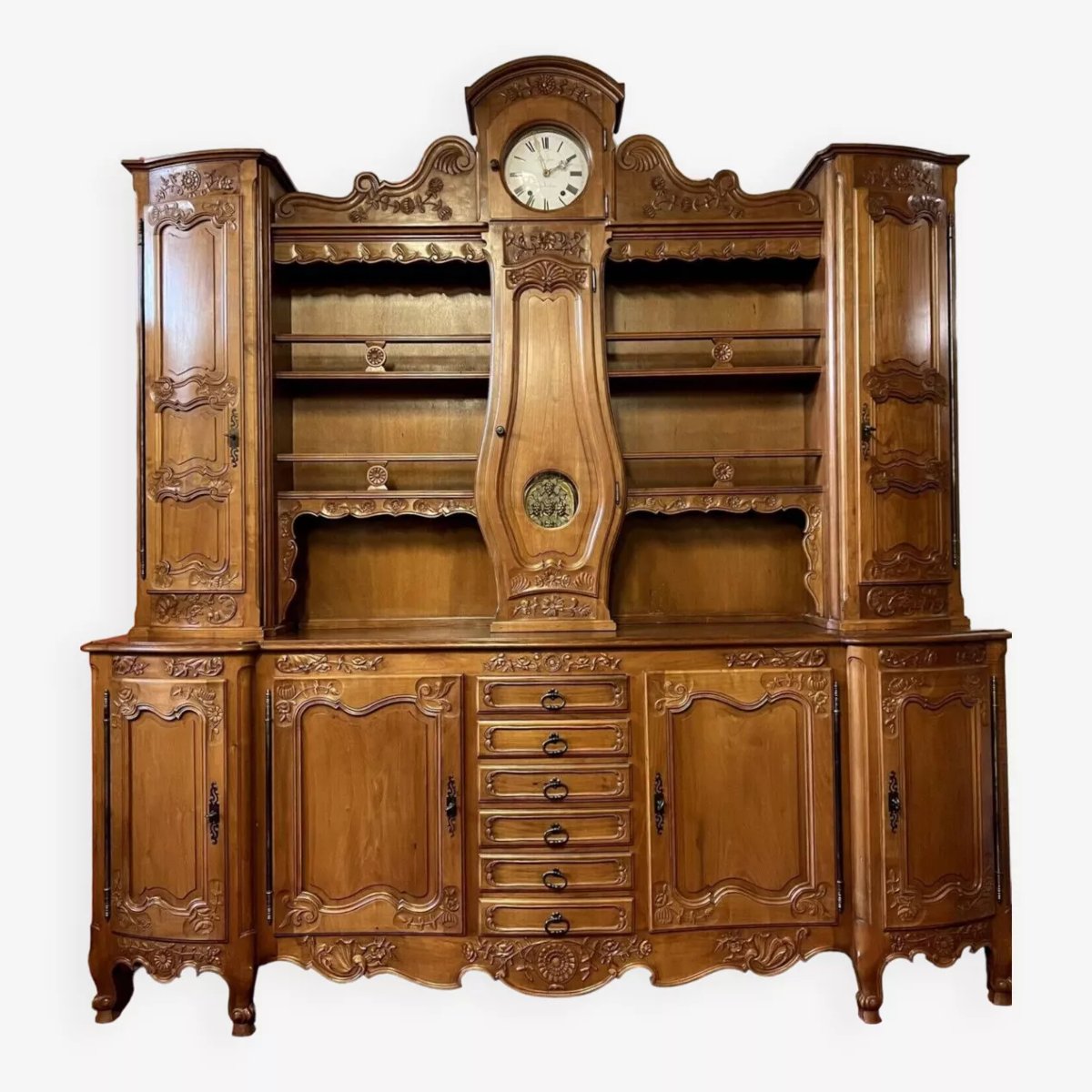 Large Curved Louis XV Two-piece Buffet In Cherry Wood With Built-in Clock-photo-7