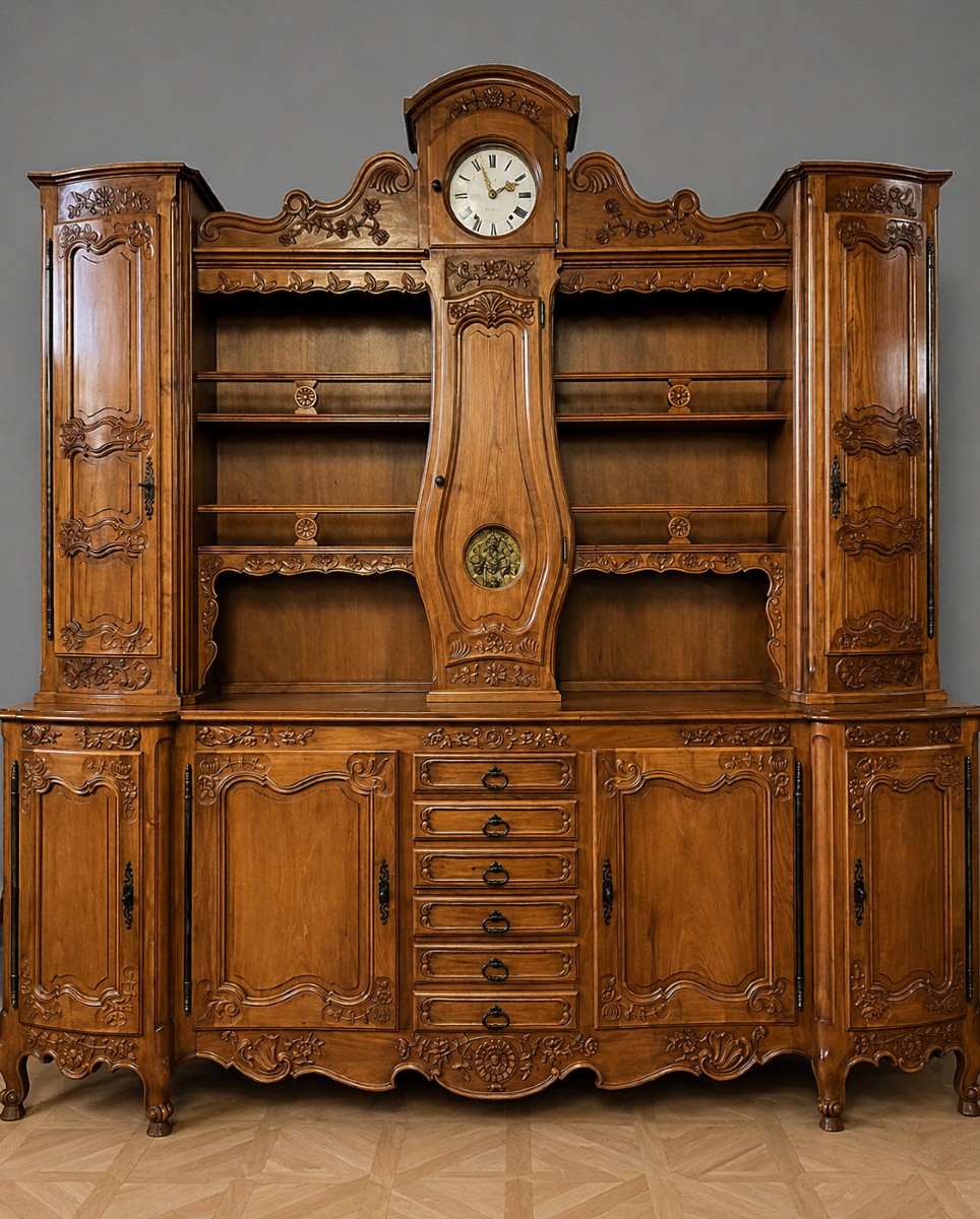 Large Curved Louis XV Two-piece Buffet In Cherry Wood With Built-in Clock
