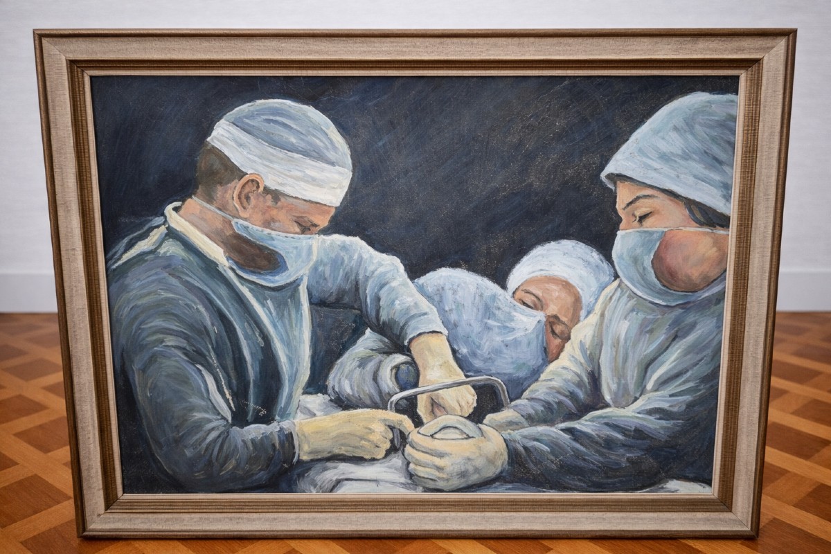 Peinture – scène de chirurgie, école moderne, huile sur panneau – XXe siècle    