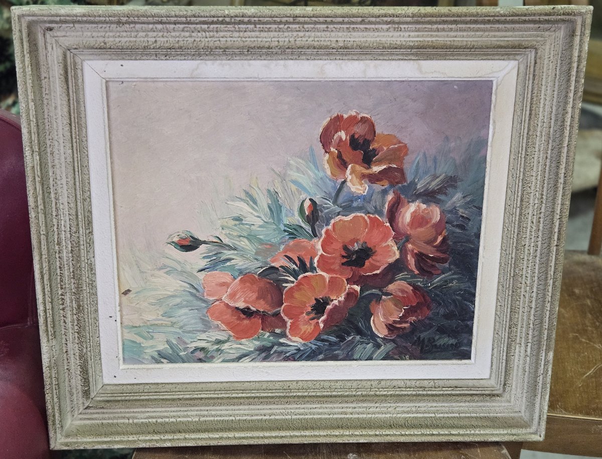 Oil On Canvas - Bouquet Of Poppies - Signed (to Be Deciphered)-photo-1