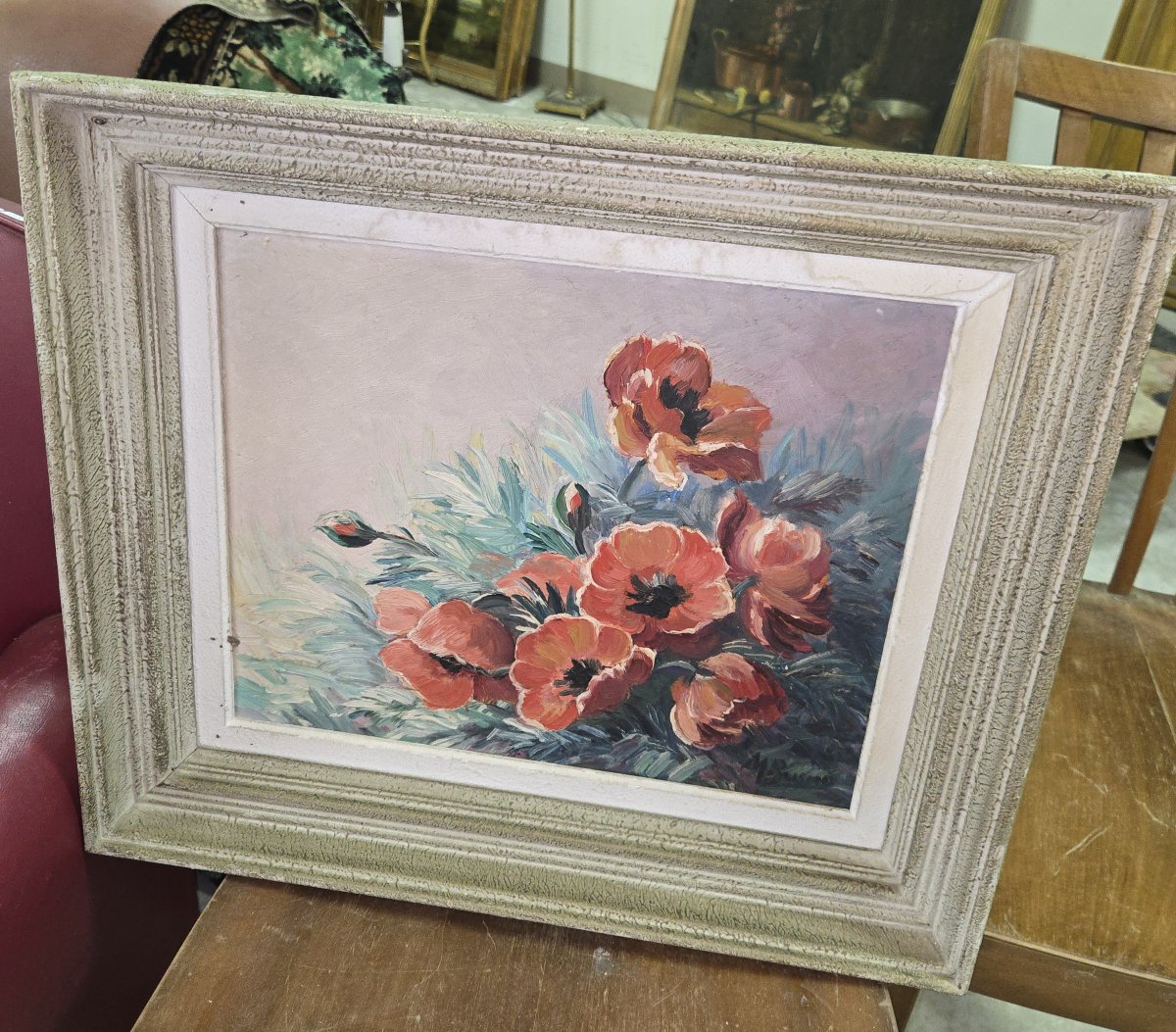 Oil On Canvas - Bouquet Of Poppies - Signed (to Be Deciphered)-photo-6