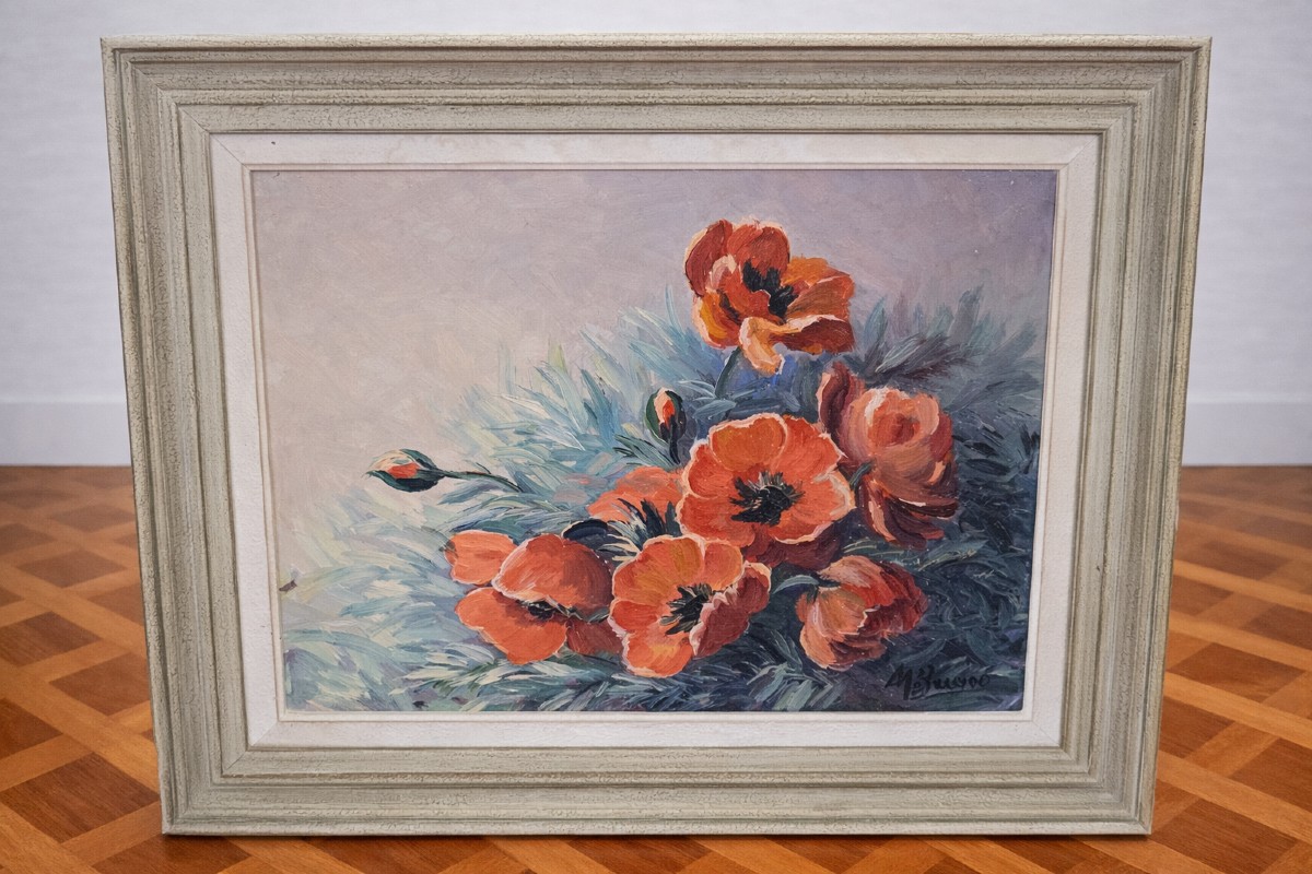 Oil On Canvas - Bouquet Of Poppies - Signed (to Be Deciphered)