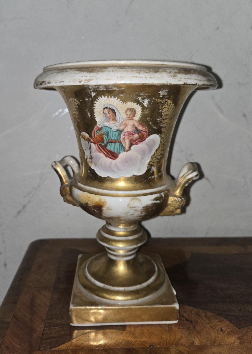 Gilded Porcelain Vase - Religious Décor - Virgin And Child - H 24 Cm-photo-1