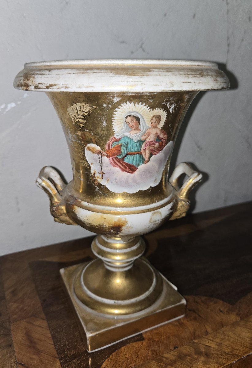 Gilded Porcelain Vase - Religious Décor - Virgin And Child - H 24 Cm-photo-2