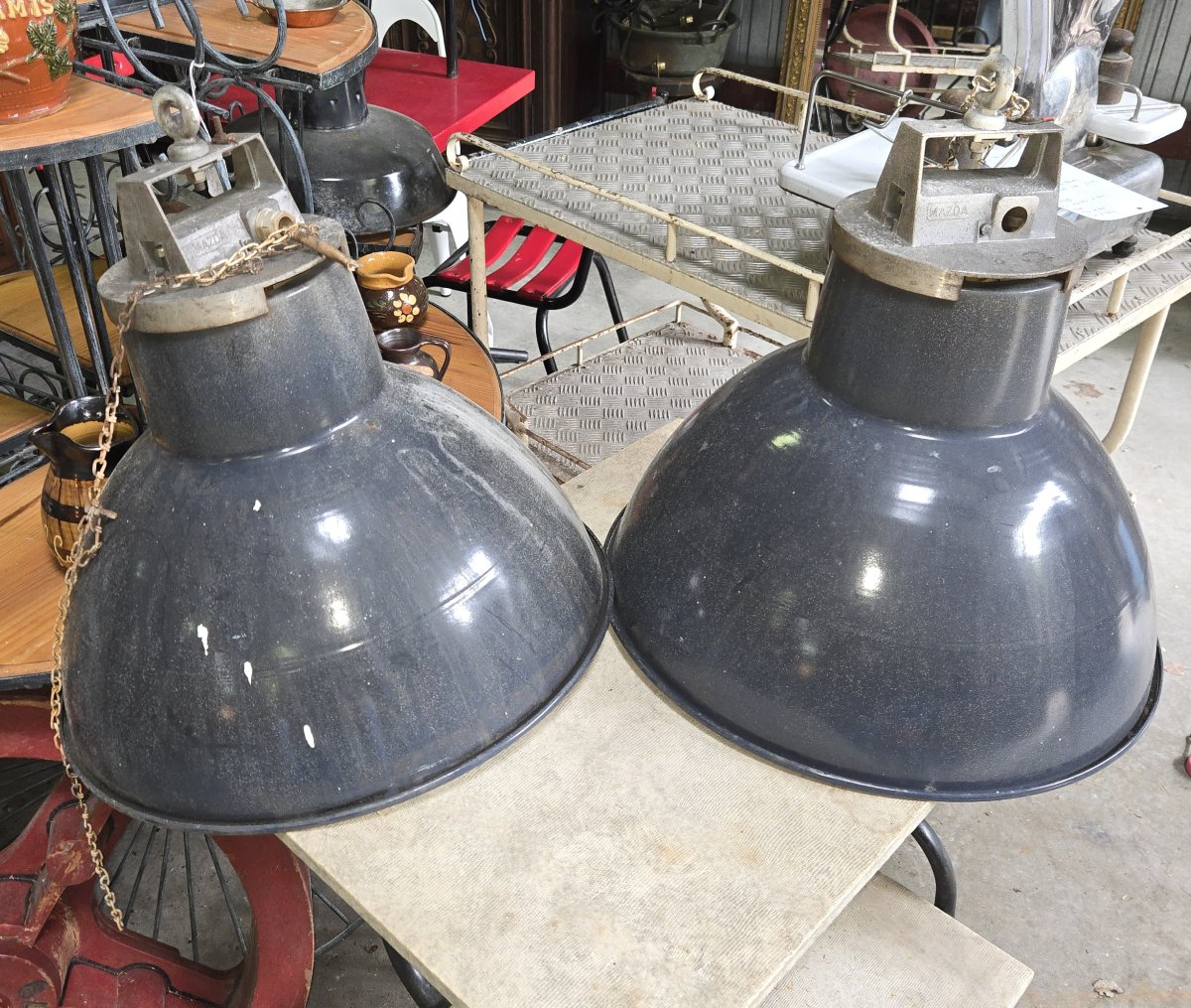 Paire de suspensions industrielles Mazda en tôle émaillée – Ø 52 cm -photo-4