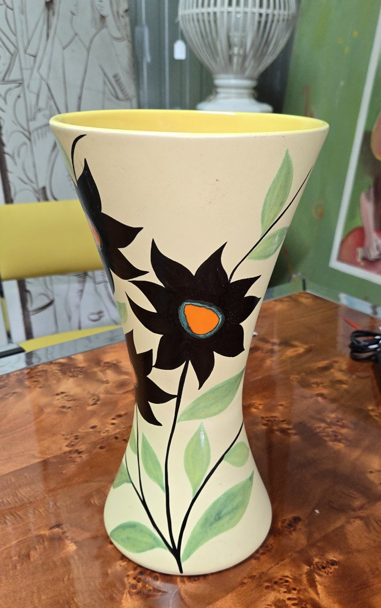 Vallauris : Vase en céramique signé G.F. – décor floral stylisé – H. 36 cm  -photo-1