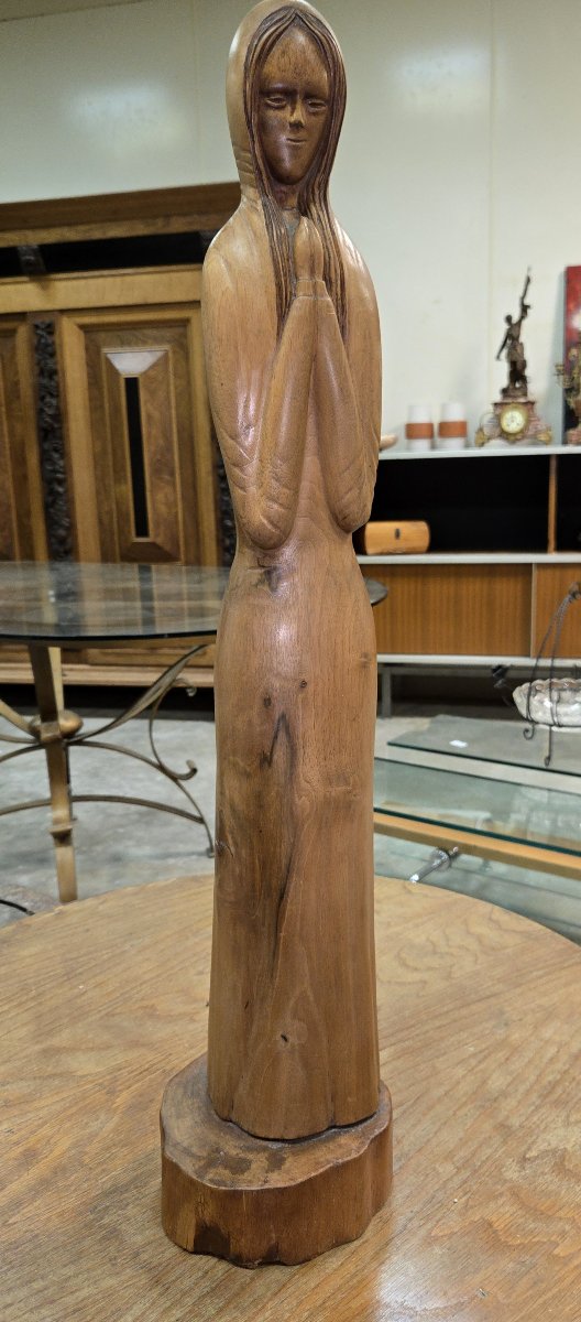 Wood Sculpture - Woman At Prayer - Signed Gen - H. 78 Cm-photo-1