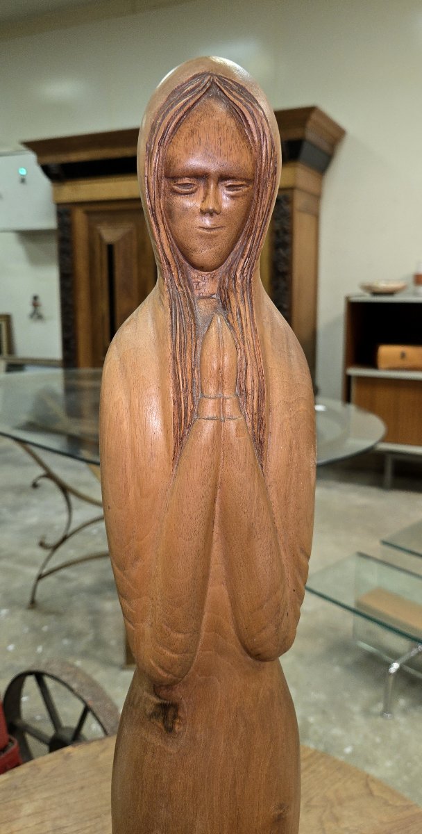 Wood Sculpture - Woman At Prayer - Signed Gen - H. 78 Cm-photo-2