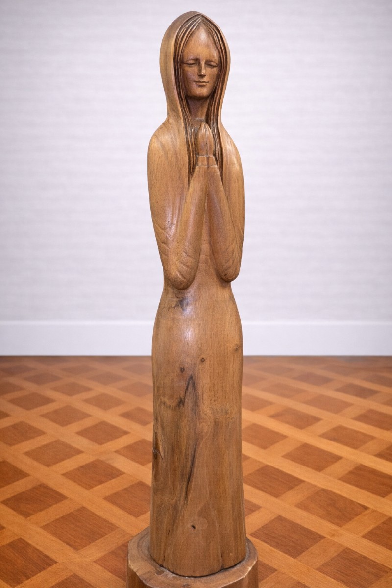 Wood Sculpture - Woman At Prayer - Signed Gen - H. 78 Cm