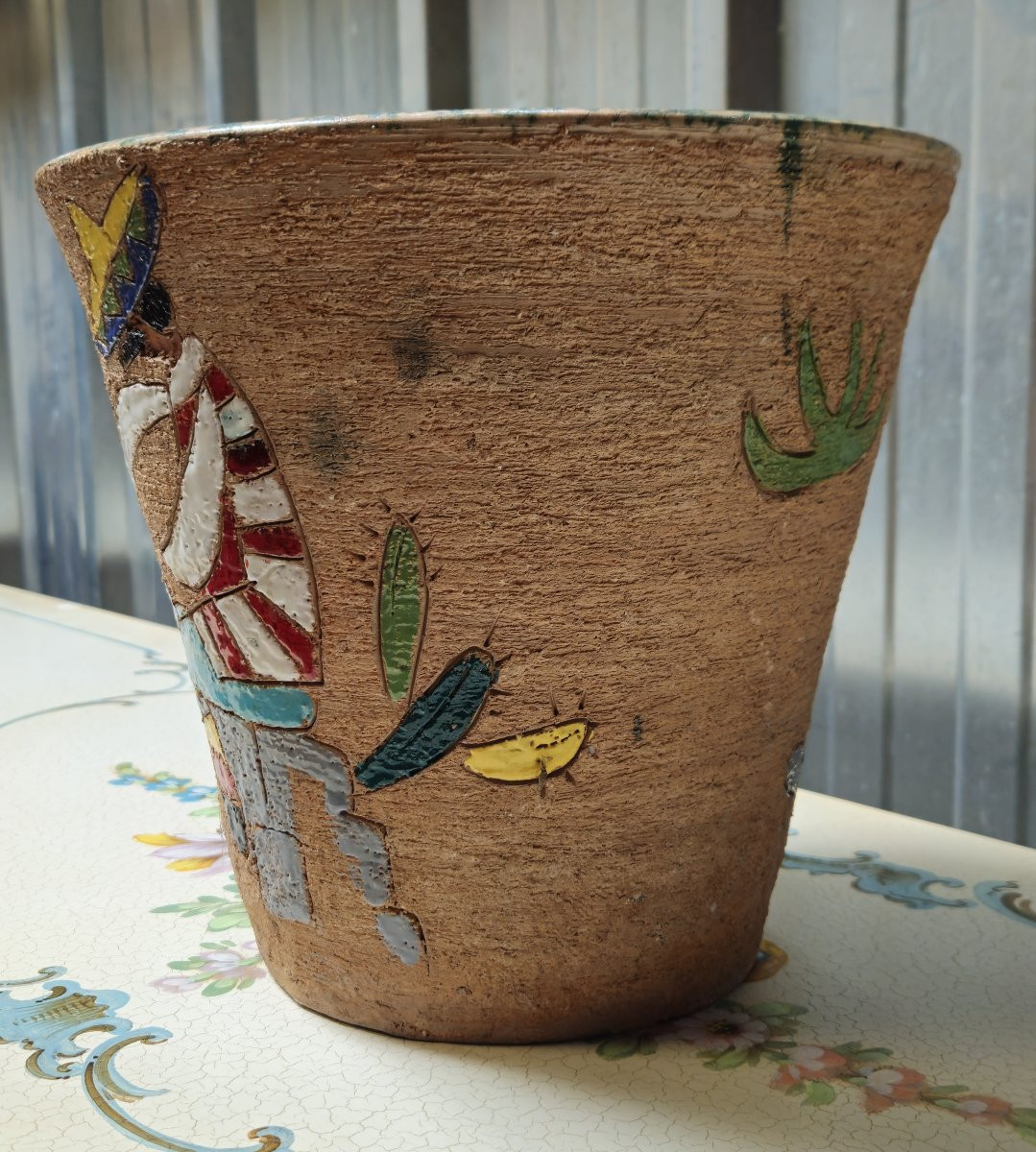 Glazed Ceramic Planter With Mexican Decor - Art Deco --photo-2