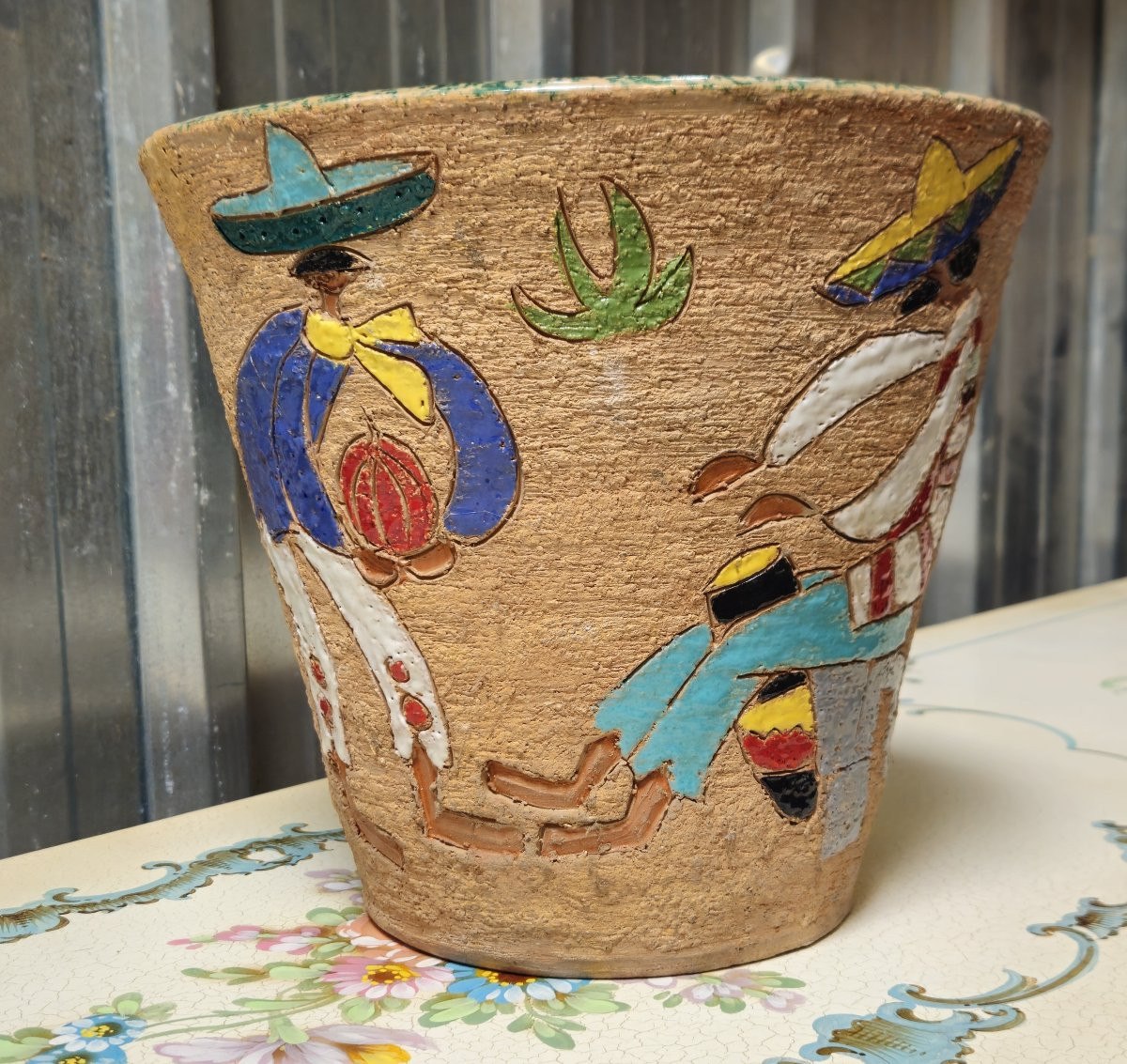 Glazed Ceramic Planter With Mexican Decor - Art Deco --photo-3