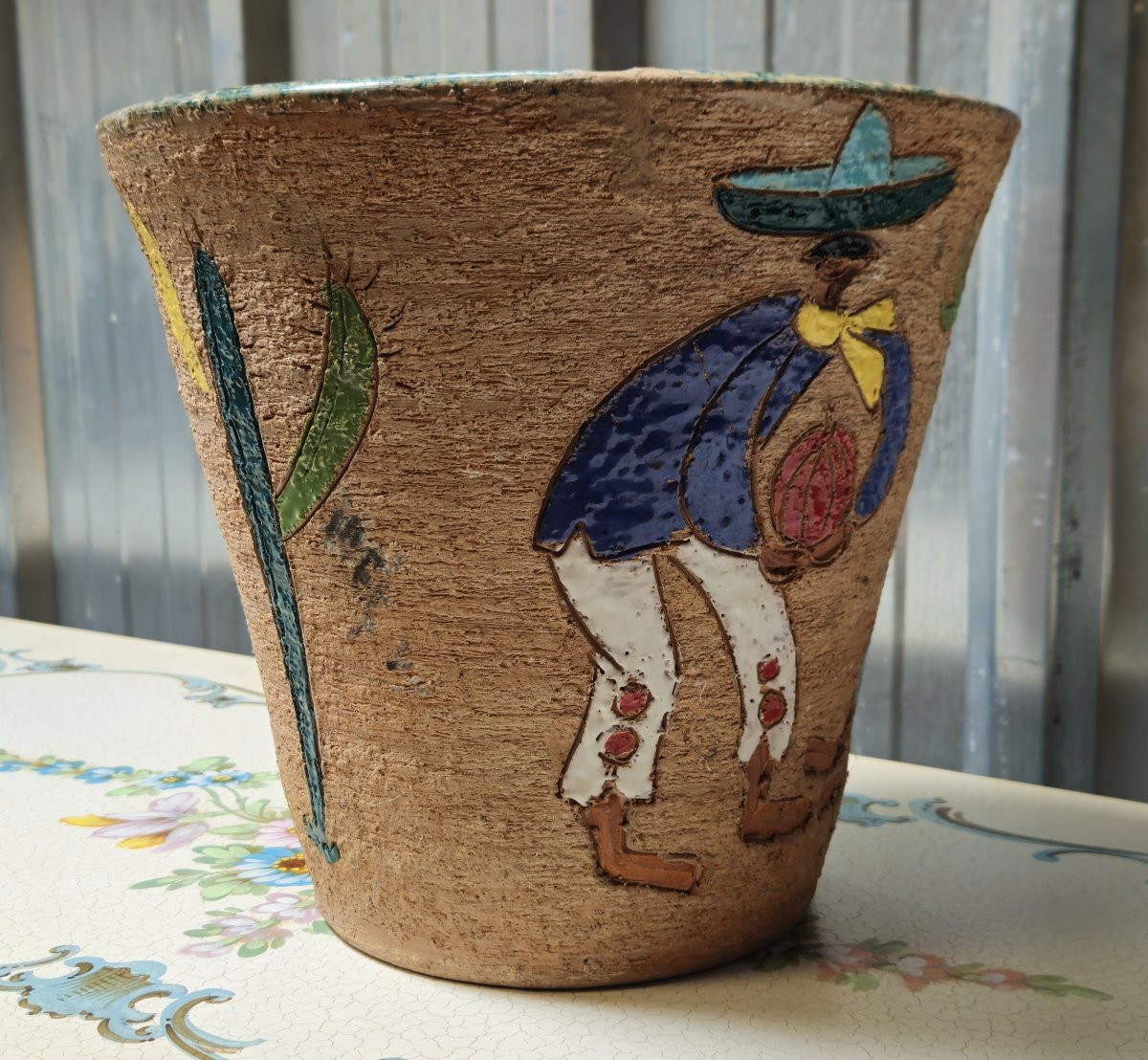 Glazed Ceramic Planter With Mexican Decor - Art Deco --photo-6