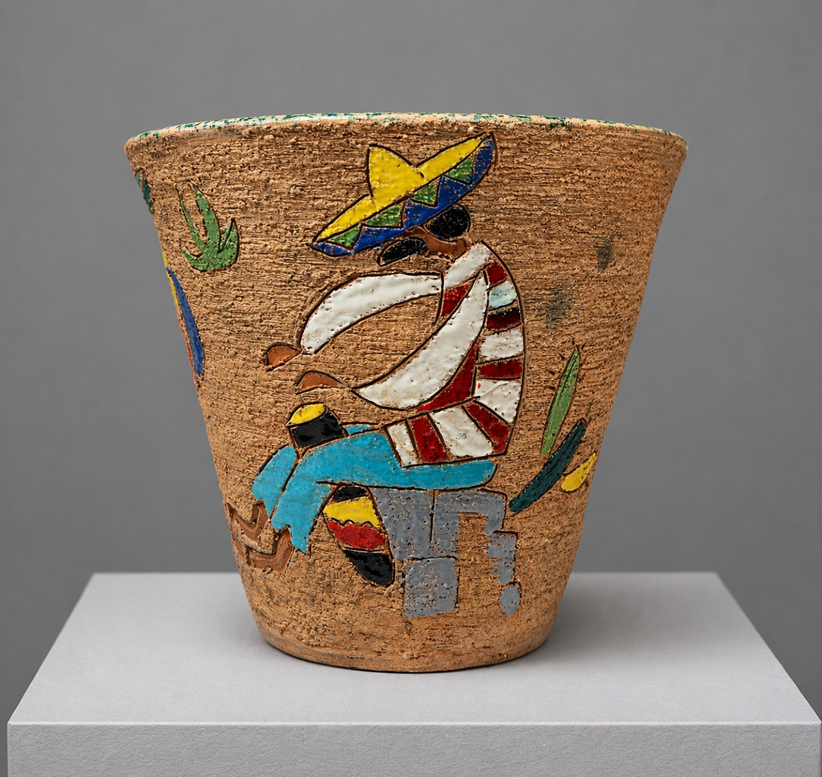 Glazed Ceramic Planter With Mexican Decor - Art Deco -