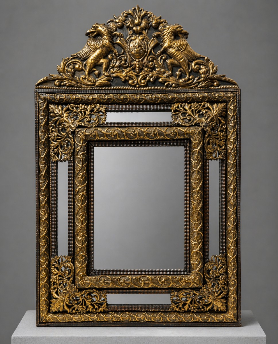 Miroir en cuivre repoussé et doré à fronton aux chimères – Époque Napoléon III  