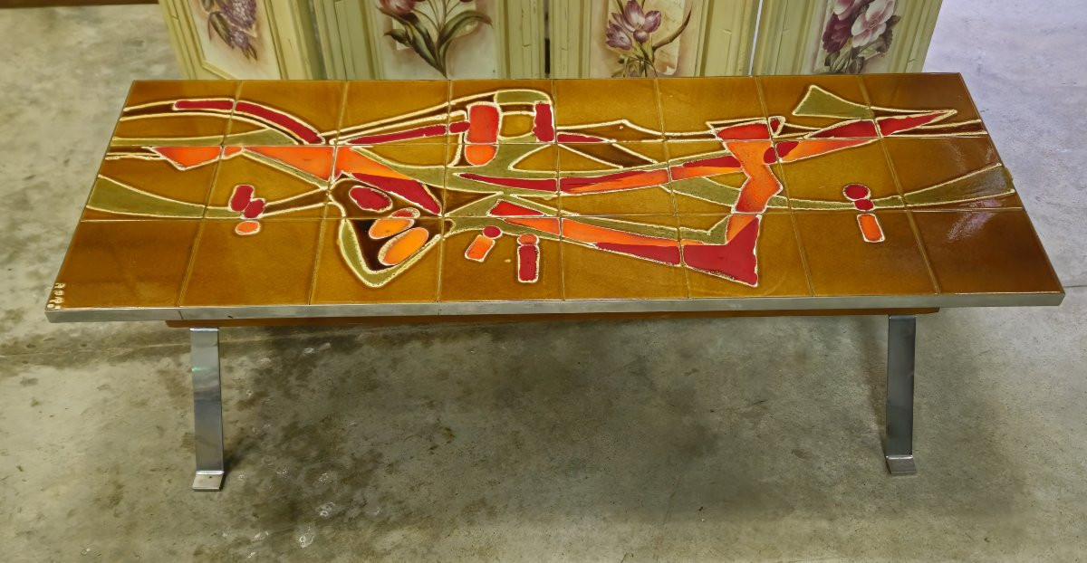 Vintage Coffee Table With Abstract Ceramic Top, Metal Base - 1960s/70s-photo-1