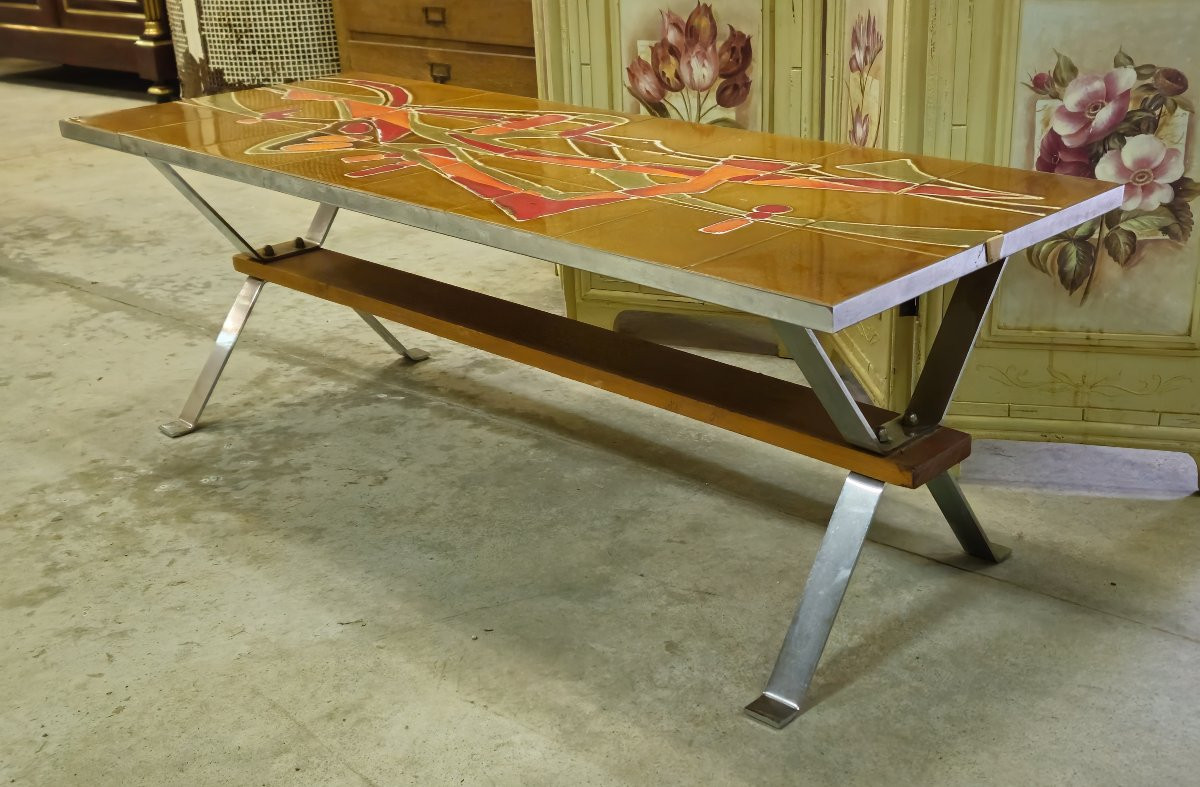 Vintage Coffee Table With Abstract Ceramic Top, Metal Base - 1960s/70s-photo-3